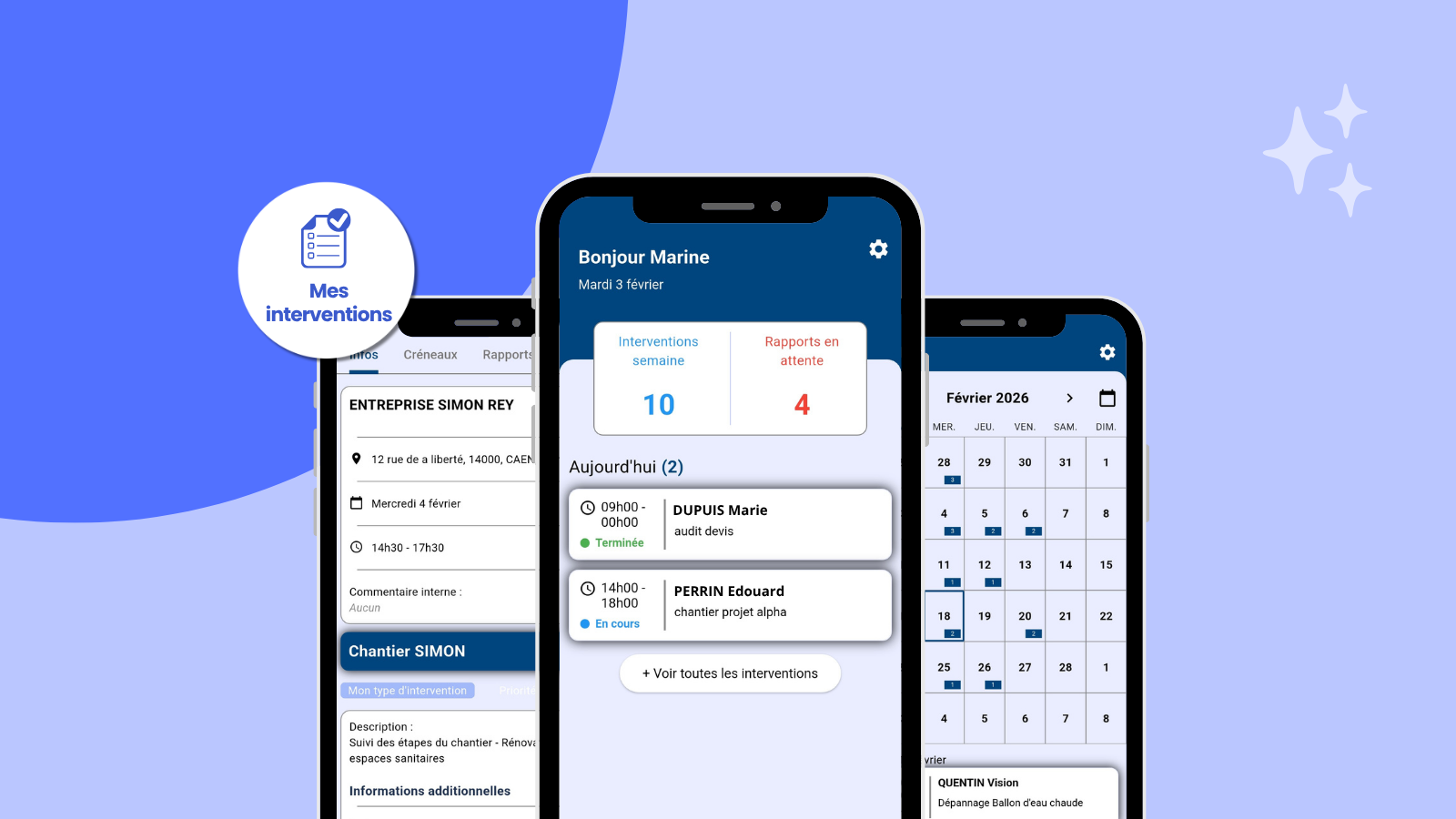 visuels de l'application gestion interventions Infomeo